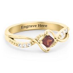 Solitaire Princess Cut Ring with Twisted Split Shank and Accents in 18K Gold Plated Silver with Garnet