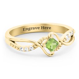 Solitaire Princess Cut Ring with Twisted Split Shank and Accents in 18K Gold Plated Silver with Peridot