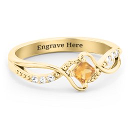 Solitaire Princess Cut Ring with Twisted Split Shank and Accents in 18K Gold Plated Silver with Citrine