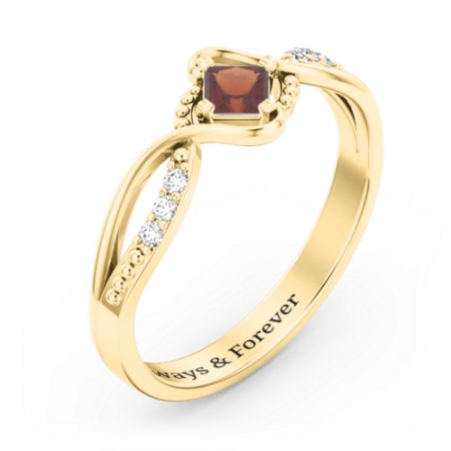 Solitaire Princess Cut Ring with Twisted Split Shank and Accents – 18K Gold Plated Silver with Garnet and Cubic Zirconia