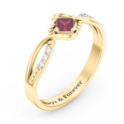 Solitaire Princess Cut Ring with Twisted Split Shank and Accents – 18K Gold Plated Silver with Ruby and Cubic Zirconia