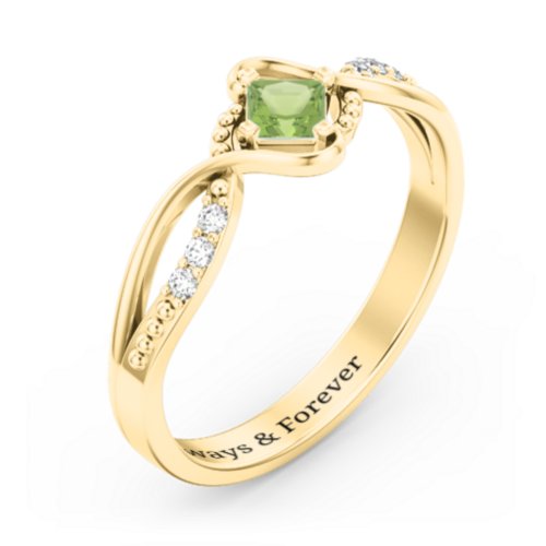 Solitaire Princess Cut Ring with Twisted Split Shank and Accents – 18K Gold Plated Silver with Peridot and Cubic Zirconia