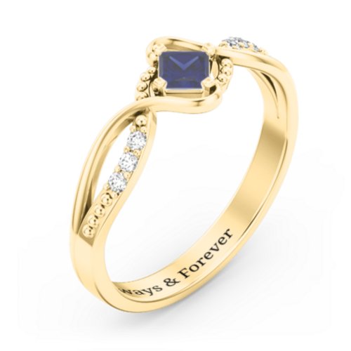 Solitaire Princess Cut Ring with Twisted Split Shank and Accents – 18K Gold Plated Silver with Blue Sapphire and Cubic Zirconia