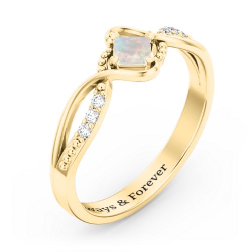 Solitaire Princess Cut Ring with Twisted Split Shank and Accents – 18K Gold Plated Silver with Opal and Cubic Zirconia