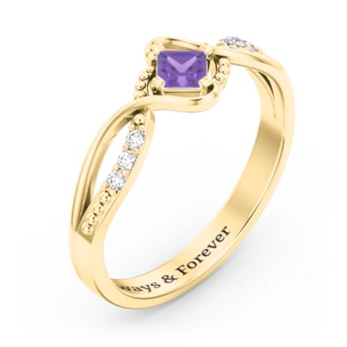 Solitaire Princess Cut Ring with Twisted Split Shank and Accents – 18K Gold Plated Silver with Amethyst and Cubic Zirconia