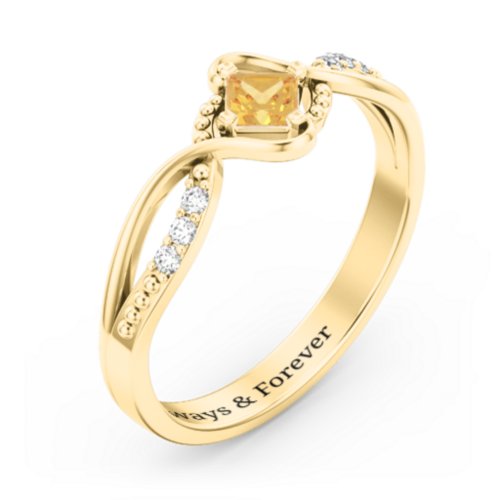 Solitaire Princess Cut Ring with Twisted Split Shank and Accents – 18K Gold Plated Silver with Citrine and Cubic Zirconia