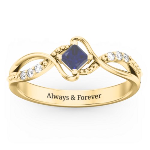 Solitaire Princess Cut Ring with Twisted Split Shank and Accents – 18K Gold Plated Silver with Blue Sapphire and Cubic Zirconia