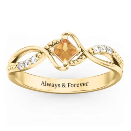 Solitaire Princess Cut Ring with Twisted Split Shank and Accents – 18K Gold Plated Silver with Citrine and Cubic Zirconia