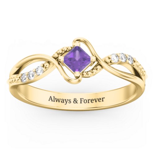 Solitaire Princess Cut Ring with Twisted Split Shank and Accents – 18K Gold Plated Silver with Amethyst and Cubic Zirconia