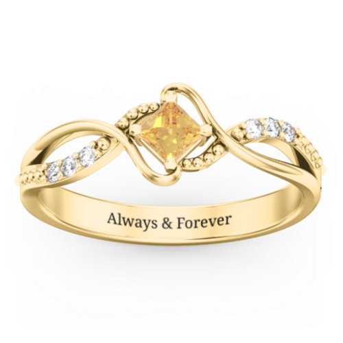 Solitaire Princess Cut Ring with Twisted Split Shank and Accents – 18K Gold Plated Silver with Citrine and Cubic Zirconia