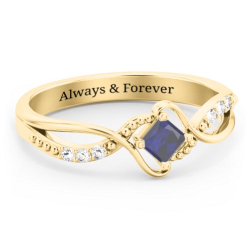 Solitaire Princess Cut Ring with Twisted Split Shank and Accents – 18K Gold Plated Silver with Blue Sapphire and Cubic Zirconia