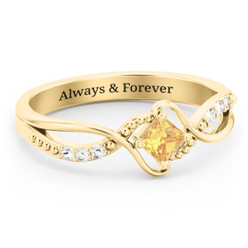 Solitaire Princess Cut Ring with Twisted Split Shank and Accents – 18K Gold Plated Silver with Citrine and Cubic Zirconia