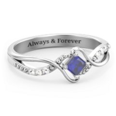Solitaire Princess Cut Ring with Twisted Split Shank and Accents – 10K Rose Gold with Blue Sapphire and Cubic Zirconia