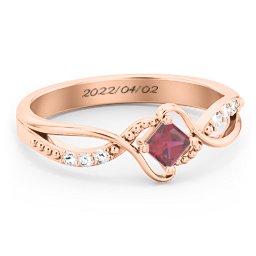 Solitaire Princess Cut Ring with Twisted Split Shank and Accents in 10K Solid Rose Gold with Ruby