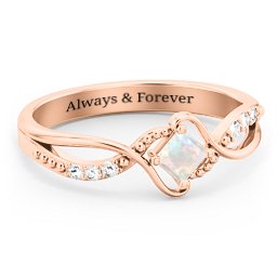 Solitaire Princess Cut Ring with Twisted Split Shank and Accents in 10K Solid Rose Gold with Opal
