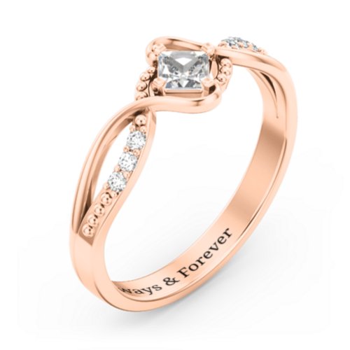 Solitaire Princess Cut Ring with Twisted Split Shank and Accents – 10K Rose Gold with Cubic Zirconia