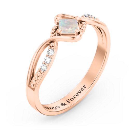 Solitaire Princess Cut Ring with Twisted Split Shank and Accents – 10K Rose Gold with Opal and Cubic Zirconia