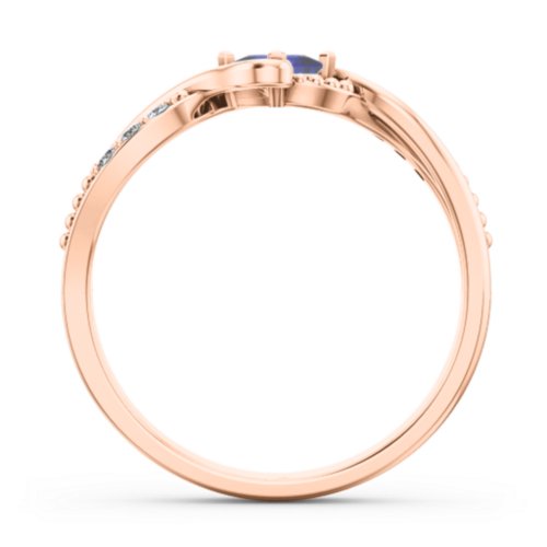Solitaire Princess Cut Ring with Twisted Split Shank and Accents – 10K Rose Gold with Blue Sapphire and Cubic Zirconia