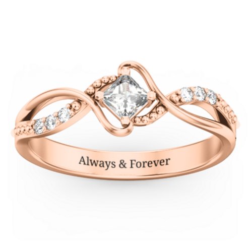 Solitaire Princess Cut Ring with Twisted Split Shank and Accents – 10K Rose Gold with Cubic Zirconia