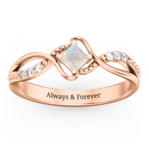 Solitaire Princess Cut Ring with Twisted Split Shank and Accents – 10K Rose Gold with Opal and Cubic Zirconia