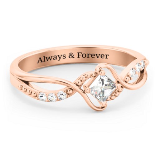 Solitaire Princess Cut Ring with Twisted Split Shank and Accents – 10K Rose Gold with Cubic Zirconia