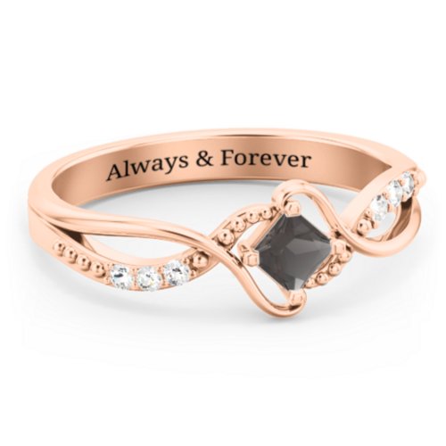Solitaire Princess Cut Ring with Twisted Split Shank and Accents – 10K Rose Gold with Smokey Quartz and Cubic Zirconia
