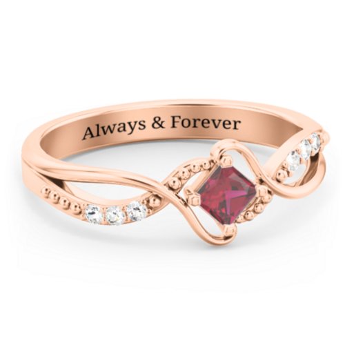 Solitaire Princess Cut Ring with Twisted Split Shank and Accents – 10K Rose Gold with Ruby and Cubic Zirconia