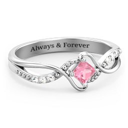 Solitaire Princess Cut Ring with Twisted Split Shank and Accents in 925 Sterling Silver with Pink Tourmaline and Diamond