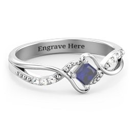 Solitaire Princess Cut Ring with Twisted Split Shank and Accents in 925 Sterling Silver with Blue Sapphire and Diamond