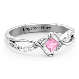 Solitaire Princess Cut Ring with Twisted Split Shank and Accents in 925 Sterling Silver with Pink Tourmaline and Diamond
