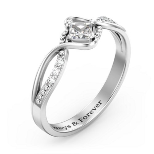 Solitaire Princess Cut Ring with Twisted Split Shank and Accents – Sterling Silver with Cubic Zirconia