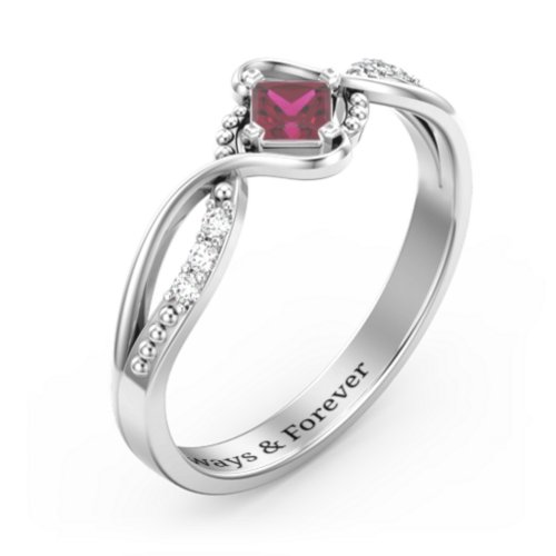 Solitaire Princess Cut Ring with Twisted Split Shank and Accents – Sterling Silver with Ruby and Cubic Zirconia