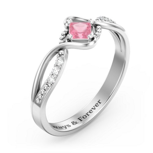 Solitaire Princess Cut Ring with Twisted Split Shank and Accents – Sterling Silver with Pink Tourmaline and Cubic Zirconia