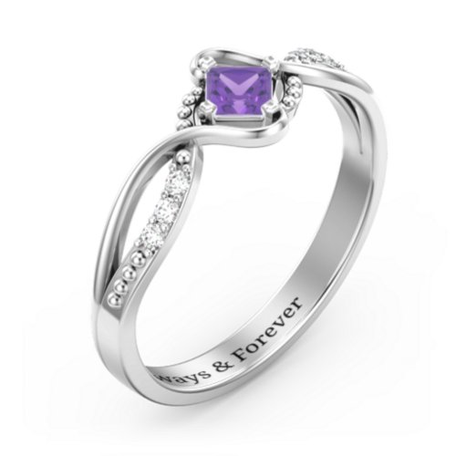 Solitaire Princess Cut Ring with Twisted Split Shank and Accents – Sterling Silver with Amethyst and Cubic Zirconia