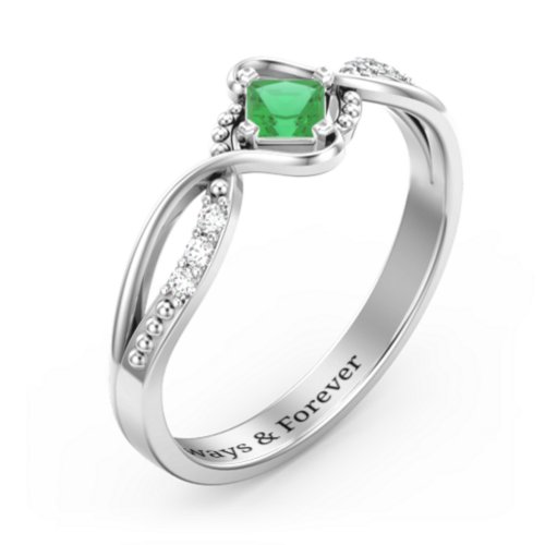 Solitaire Princess Cut Ring with Twisted Split Shank and Accents – Sterling Silver with Emerald and Cubic Zirconia