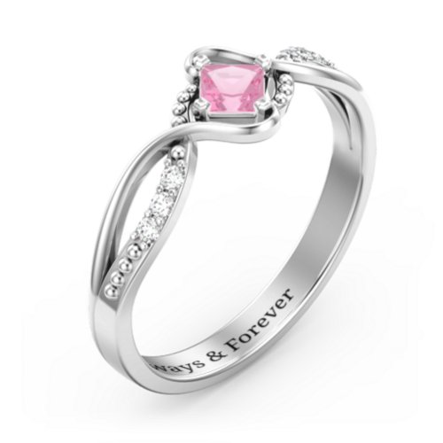 Solitaire Princess Cut Ring with Twisted Split Shank and Accents – Sterling Silver with Pink Tourmaline and Cubic Zirconia