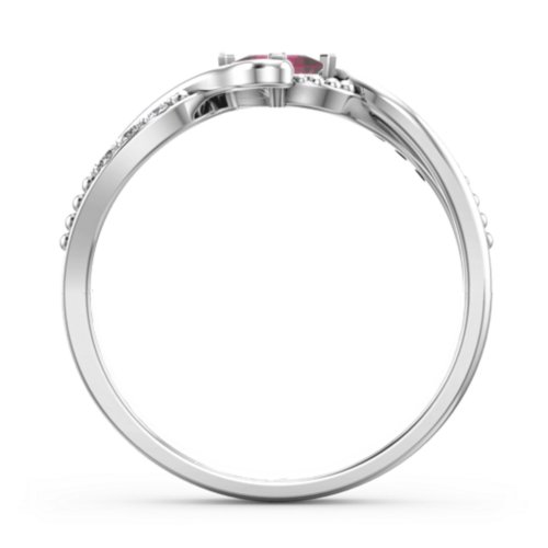 Solitaire Princess Cut Ring with Twisted Split Shank and Accents – Sterling Silver with Ruby and Cubic Zirconia
