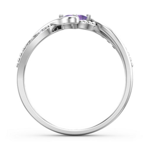 Solitaire Princess Cut Ring with Twisted Split Shank and Accents – Sterling Silver with Amethyst and Cubic Zirconia