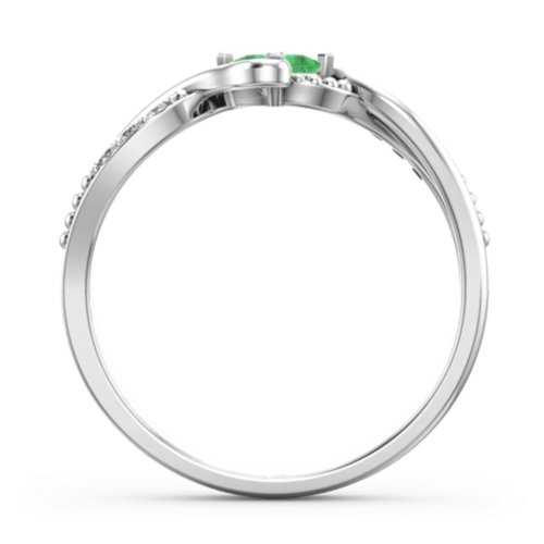 Solitaire Princess Cut Ring with Twisted Split Shank and Accents – Sterling Silver with Emerald and Cubic Zirconia