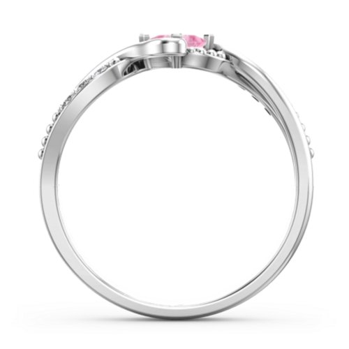 Solitaire Princess Cut Ring with Twisted Split Shank and Accents – Sterling Silver with Pink Tourmaline and Cubic Zirconia