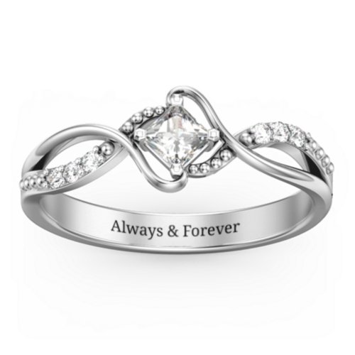 Solitaire Princess Cut Ring with Twisted Split Shank and Accents – Sterling Silver with Cubic Zirconia