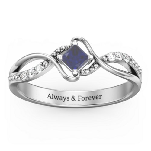 Solitaire Princess Cut Ring with Twisted Split Shank and Accents – Sterling Silver with Blue Sapphire and Cubic Zirconia