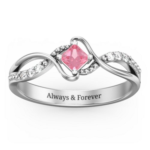 Solitaire Princess Cut Ring with Twisted Split Shank and Accents – Sterling Silver with Pink Tourmaline and Cubic Zirconia