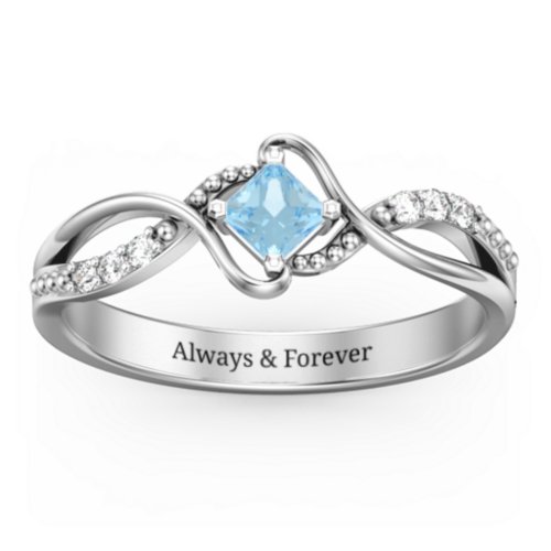 Solitaire Princess Cut Ring with Twisted Split Shank and Accents – Sterling Silver with Blue Topaz and Cubic Zirconia