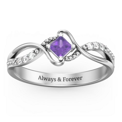 Solitaire Princess Cut Ring with Twisted Split Shank and Accents – Sterling Silver with Amethyst and Cubic Zirconia