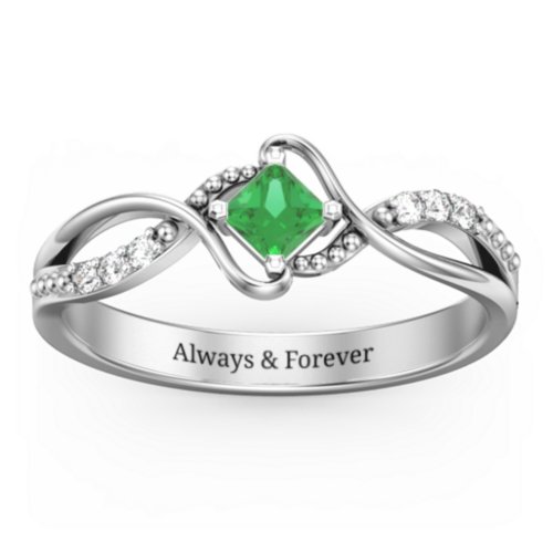 Solitaire Princess Cut Ring with Twisted Split Shank and Accents – Sterling Silver with Emerald and Cubic Zirconia