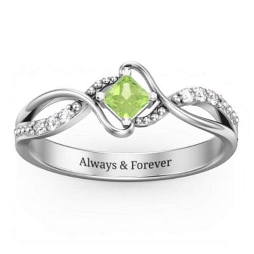 Solitaire Princess Cut Ring with Twisted Split Shank and Accents – Sterling Silver with Peridot and Cubic Zirconia