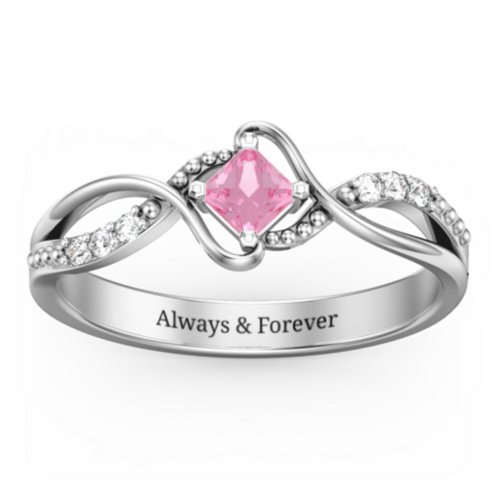 Solitaire Princess Cut Ring with Twisted Split Shank and Accents – Sterling Silver with Pink Tourmaline and Cubic Zirconia