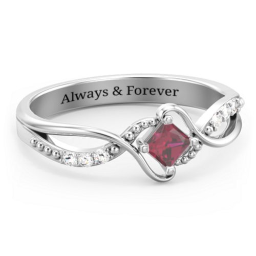 Solitaire Princess Cut Ring with Twisted Split Shank and Accents – Sterling Silver with Ruby and Cubic Zirconia