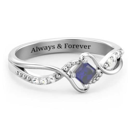 Solitaire Princess Cut Ring with Twisted Split Shank and Accents – Sterling Silver with Blue Sapphire and Cubic Zirconia